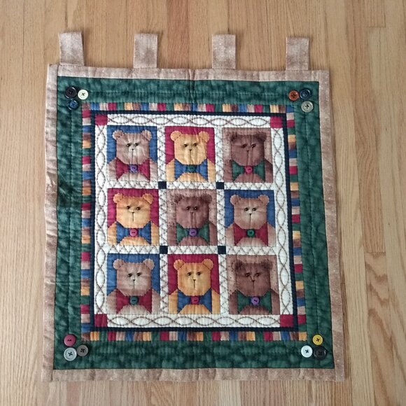 Vintage 90s Teddy Bear Quilted Wall Hanging Handmade Decor Quilt Retro Kitschy - Picture 1 of 13